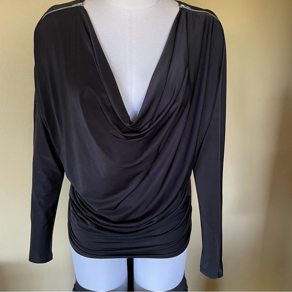 Arden B Black Draped Front Shoulder Zippers Blouse